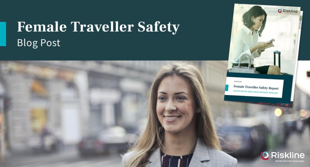 Female Traveller Safety. A woman smiling in the center foreground and a Riskline book cover on the top right corner