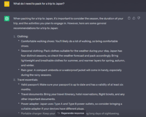 AI prompt and response for what do you need to pack for a trip to Japan