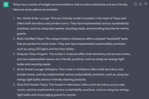 AI tool ChatGPT response for budget accommodation options in Tokyo that are also sustainable - travel planning