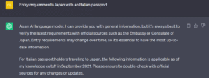 AI prompt and response for researching entry requirements with an Italian passport, while using ChatGPT for travel planning
