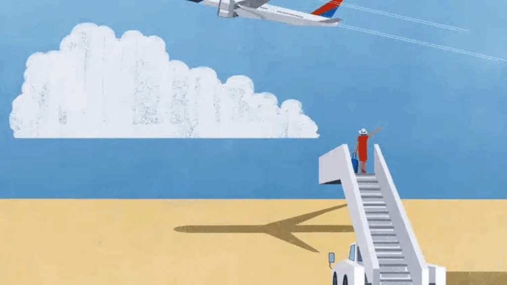 Illustration of a plane taking off and someone waving from the top of airline stairs, illustration by Shout