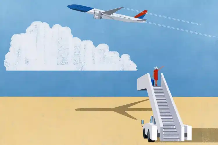 Illustration of a plane taking off and someone waving from the top of airline stairs, illustration by Shout