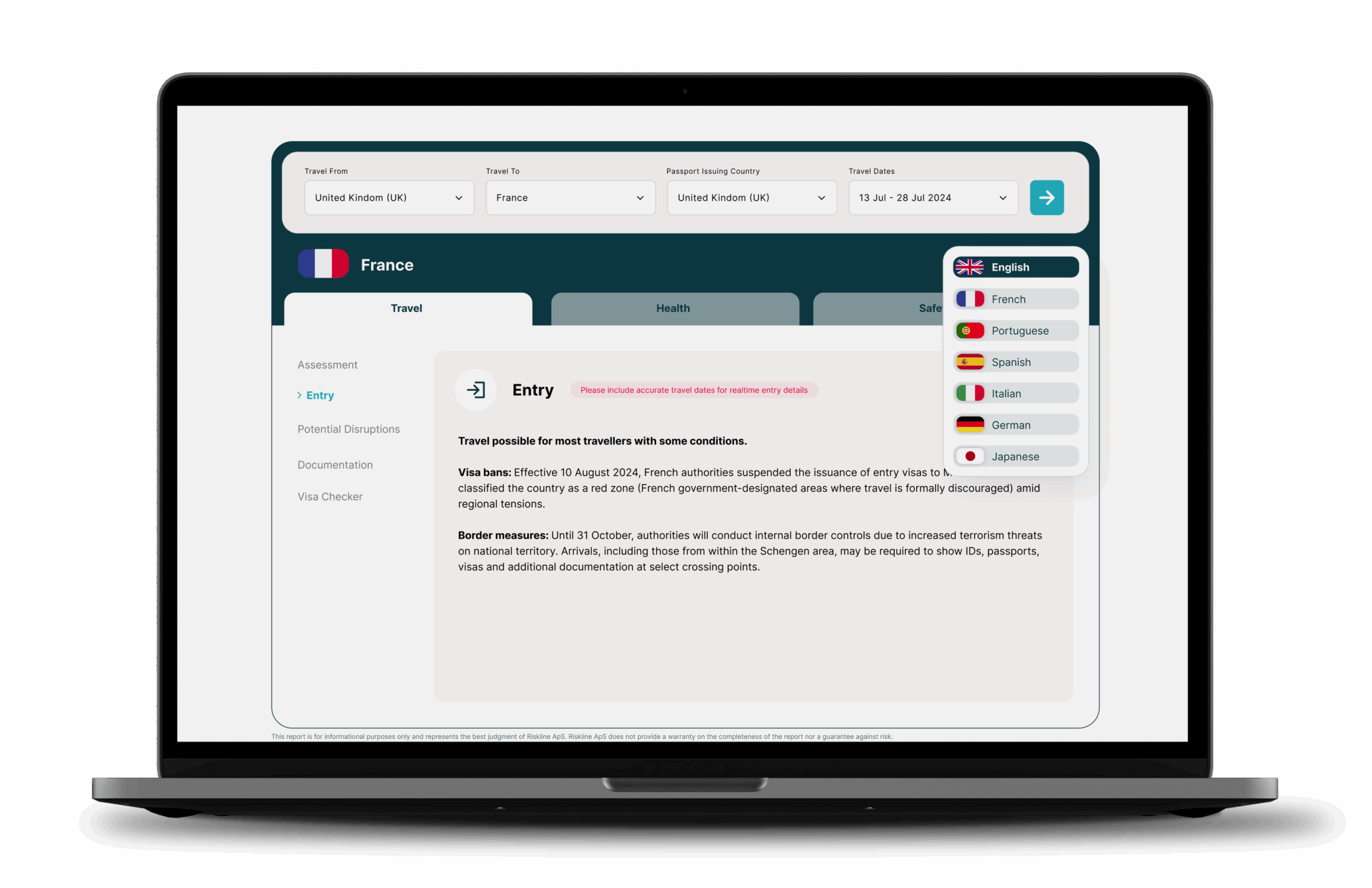 Riskline TravelSearch Laptop Content Languages