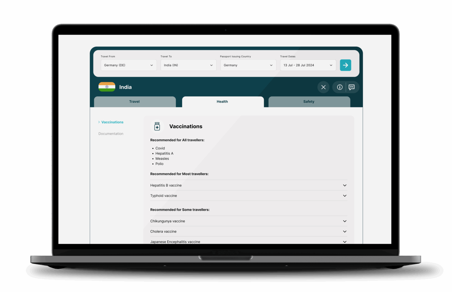 Riskline TravelSearch Laptop Content Vaccinations